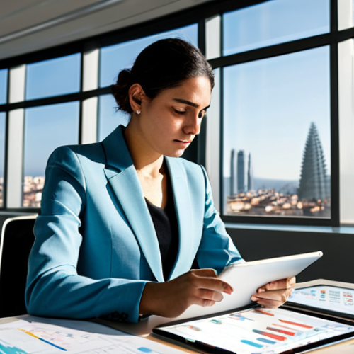 A focused female project manager, of diverse Spanish heritage, dressed in a modest, professional business suit (blazer and trousers). She is sitting at a sleek, minimalist desk in a modern, sunlit office located in Barcelona, with large windows overlooking a vibrant city skyline. On the desk, a tablet displays complex project data visualizations and charts illustrating risk patterns, hinting at strategic analysis and decision-making under uncertainty. The atmosphere is calm and contemplative. Perfect anatomy, correct proportions, natural pose, well-formed hands, proper finger count, natural body proportions, professional photography, high quality, fully clothed, appropriate attire, safe for work, appropriate content, professional, modest, family-friendly.