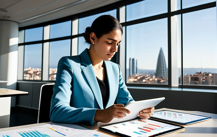 A focused female project manager, of diverse Spanish heritage, dressed in a modest, professional business suit (blazer and trousers). She is sitting at a sleek, minimalist desk in a modern, sunlit office located in Barcelona, with large windows overlooking a vibrant city skyline. On the desk, a tablet displays complex project data visualizations and charts illustrating risk patterns, hinting at strategic analysis and decision-making under uncertainty. The atmosphere is calm and contemplative. Perfect anatomy, correct proportions, natural pose, well-formed hands, proper finger count, natural body proportions, professional photography, high quality, fully clothed, appropriate attire, safe for work, appropriate content, professional, modest, family-friendly.