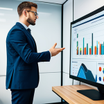 A professional project manager, fully clothed in a modest business suit, stands confidently in a modern, well-lit office. They are looking at a large, interactive data display showing complex project metrics and timelines, with one hand thoughtfully gesturing towards the screen. The scene conveys strategic decision-making and problem-solving under pressure. The background is a sleek, high-tech workspace with blurred elements, suggesting a dynamic environment. Perfect anatomy, correct proportions, natural pose, well-formed hands, proper finger count, natural body proportions. Professional photography, high quality, safe for work, appropriate content, professional dress, family-friendly.