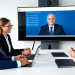 A professional, diverse project manager, fully clothed in a modest business suit, leads a collaborative hybrid team meeting. Some team members are present in a modern, well-lit office, while others are seamlessly integrated on a large video conference screen, fostering a sense of cohesion and engagement. The atmosphere is dynamic and harmonious, reflecting effective communication and subtle influence. The project manager's pose is natural, with perfect anatomy, correct proportions, well-formed hands, and proper finger count. This image should convey professional photography, high quality, safe for work, appropriate content, and be family-friendly.