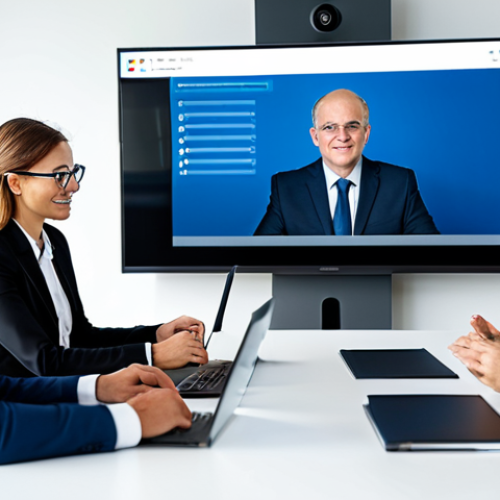 A professional, diverse project manager, fully clothed in a modest business suit, leads a collaborative hybrid team meeting. Some team members are present in a modern, well-lit office, while others are seamlessly integrated on a large video conference screen, fostering a sense of cohesion and engagement. The atmosphere is dynamic and harmonious, reflecting effective communication and subtle influence. The project manager's pose is natural, with perfect anatomy, correct proportions, well-formed hands, and proper finger count. This image should convey professional photography, high quality, safe for work, appropriate content, and be family-friendly.