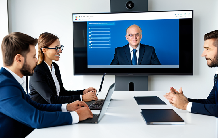A professional, diverse project manager, fully clothed in a modest business suit, leads a collaborative hybrid team meeting. Some team members are present in a modern, well-lit office, while others are seamlessly integrated on a large video conference screen, fostering a sense of cohesion and engagement. The atmosphere is dynamic and harmonious, reflecting effective communication and subtle influence. The project manager's pose is natural, with perfect anatomy, correct proportions, well-formed hands, and proper finger count. This image should convey professional photography, high quality, safe for work, appropriate content, and be family-friendly.
