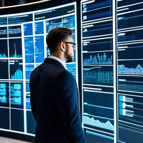 A professional project manager, fully clothed in a modest business suit, standing confidently in a modern, well-lit tech office. They are looking at a large holographic display showing complex cloud architecture diagrams and agile project timelines. The background features sleek server racks and subtle digital network lines. The focus is on strategic oversight and innovative technology. Perfect anatomy, correct proportions, natural pose, well-formed hands, proper finger count. Professional photography, high quality, sharp focus, vibrant colors, safe for work, appropriate content, professional dress.